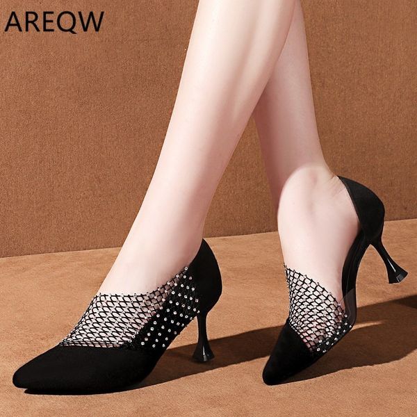 

2020 crystal wedding party shoes for women high heels sandals pointed suede pumps women shoes thin heels summer shoes woman y200702, Black