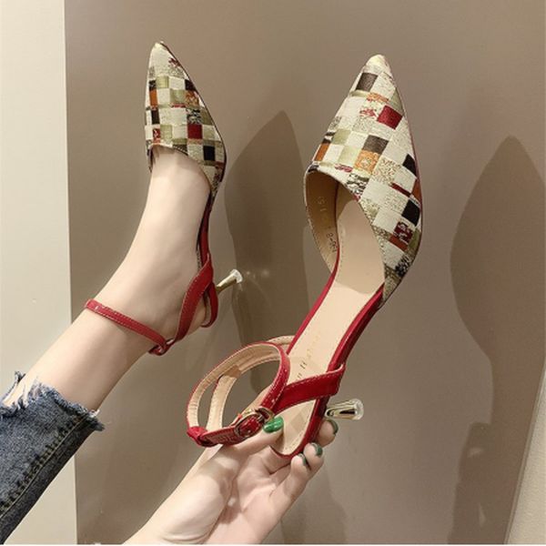

women's summer shoes temperament after the empty buckle pointed sandals shoes plaid heels ladies comfortable stiletto heels, Black