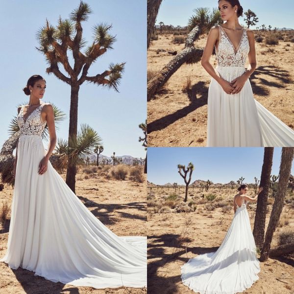 

2019 calla blanche wedding dresses v neck lace appliques chiffon bohemia bridal gowns backless a line wedding dress robe de mariÃ©e, White