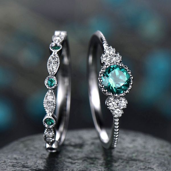 

2pcs/set new luxury green blue stone crystal rings for women sliver color wedding engagement rings jewelry drop shipping, Silver