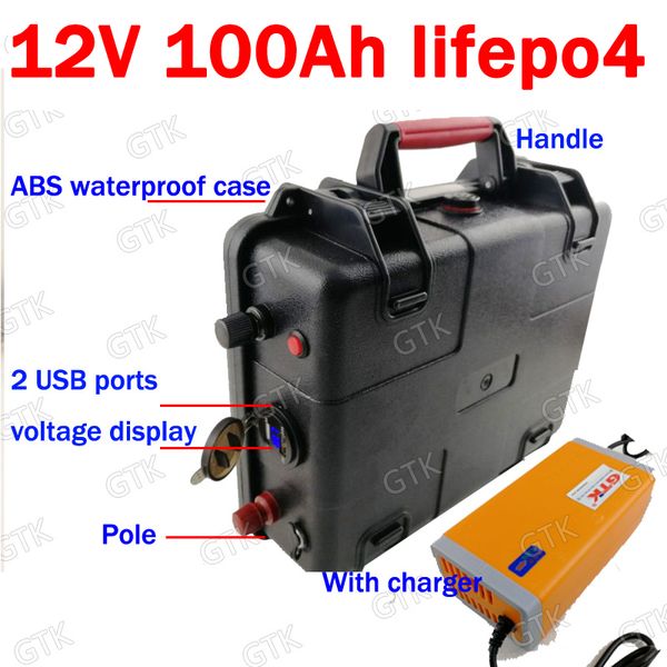 

водонепроницаемый 12v 100ah ​​lifepo4 аккумулятор с 2 usb спорта echargeable батареи для электромобиля ups triciclo electrico инвертора