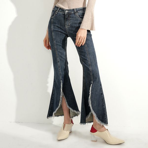 

2018 winter high waist flare jeans boyfriend jeans for women bell bottom denim ladies loose woman female wide leg pants, Blue