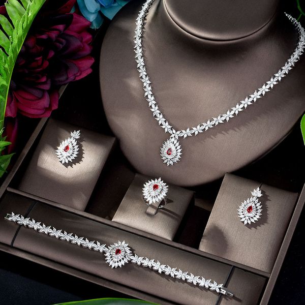 

hibride luxury bridal jewelry set red zirconia water drop flower necklace earrings for women wedding accessories bijoux n-1201, Silver