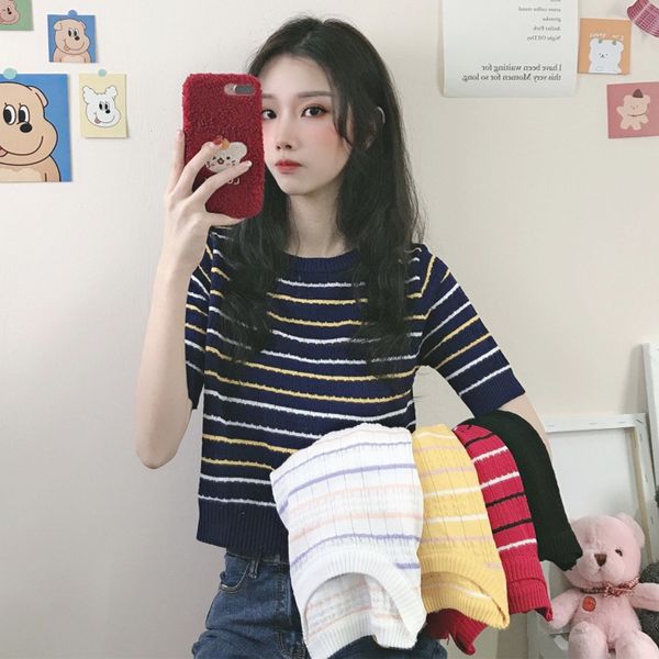 

striped round collar knitted t- t- shirt women's ins base shirt fashion loose short sleeve top, White