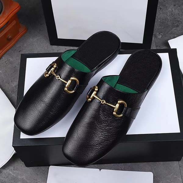 

2020 new sheepskin slippers luxury mules princetown designer classic slippery metal buckle beach slippers soft cowhide lazy women shoes, Black