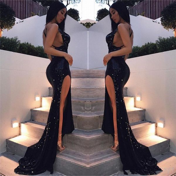 

2020 bling bling black girls mermaid prom dresses long sequined dresses floor length high side split backless formal evening party gown