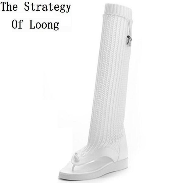 

flats women knee high sandals boots black white woman knight summer fashion long open the toe boots size 35-39 sxq0605