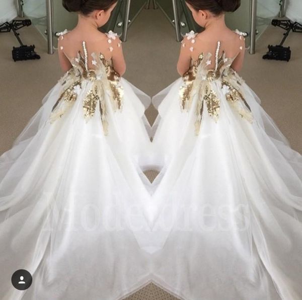 

gold appliques sequins ball gown flower girls dresses for wedding with long train girls pageant dresses for little girls, White;red