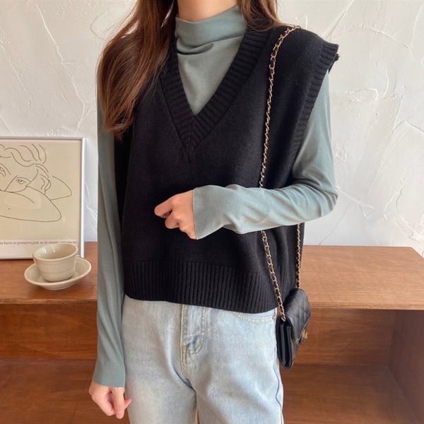 

women's fashion v neck knit solid color vest loose casual sleeveless sweater outwear, Black;white