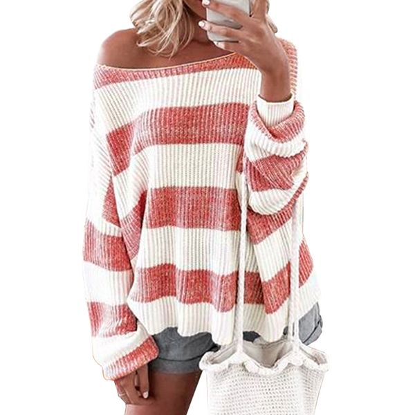 

2019 women autumn winter o neck striped casual loose fashion european style streetwear knitted pullovers sweater sj4047m, White;black