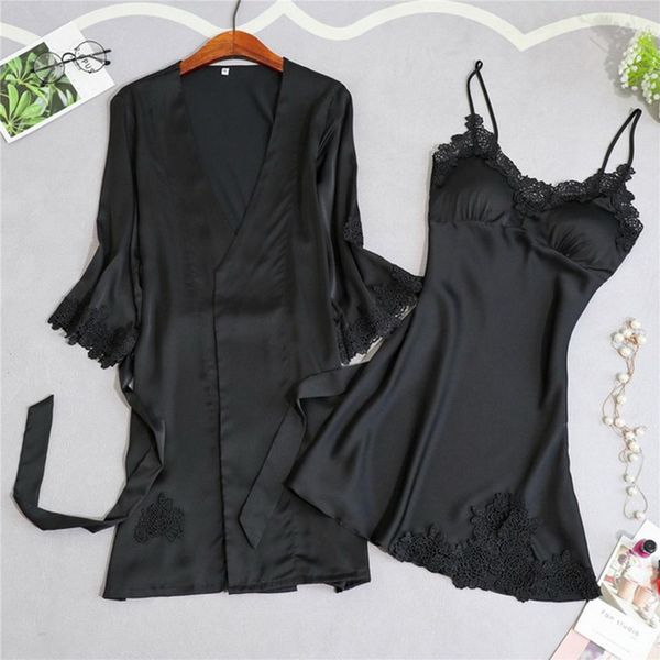 

women's swimwear women pajamas 2 pieces satin sleepwear pijama silk home wear clothing embroidery sleep lounge pyjama with chest pads, White;black