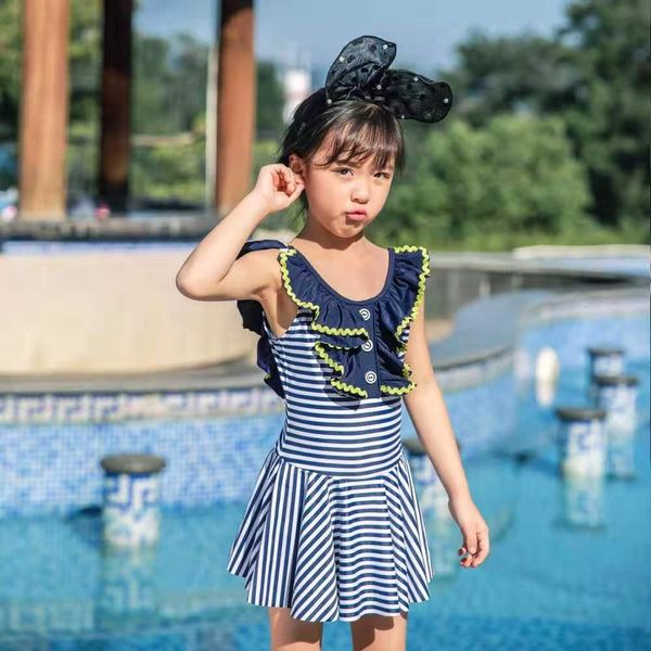 

girls one piece swimwear cute kids swimsuit stripe beach swim skirt children swimdress baby bathing suit wanhui, Black