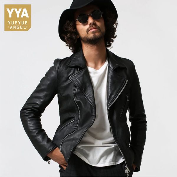 

brand classic mens slim fit sheepskin genuine leather jacket biker zipper punk short coat motorycle chaqueta cuero hombre, Black
