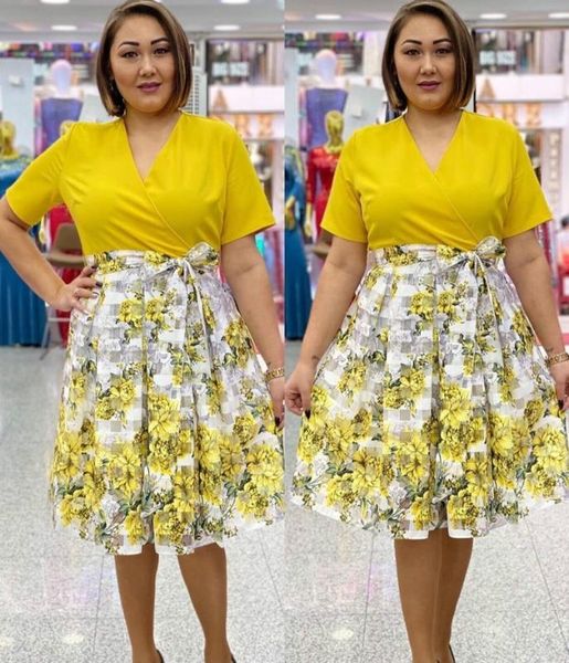 

2020 summer african women printing polyester v-neck knee-length dress l-3xl, Red