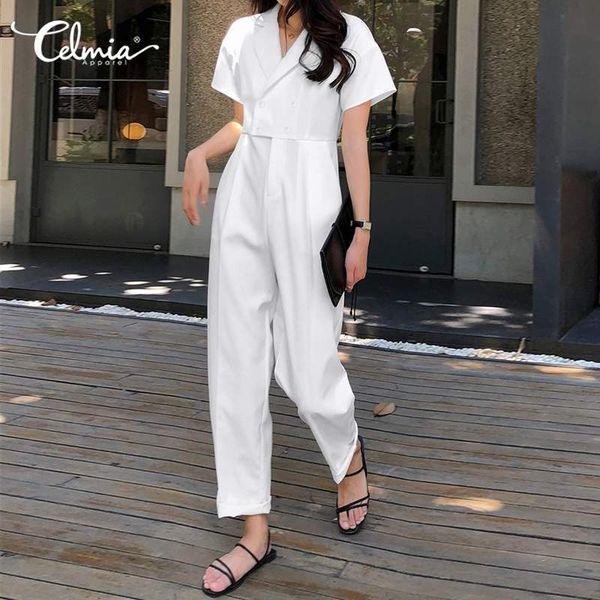 

celmia summer women elegant style rompers casual female short sleeve jumpsuits lapel buttons solid playsuits wide leg pants, Black;white
