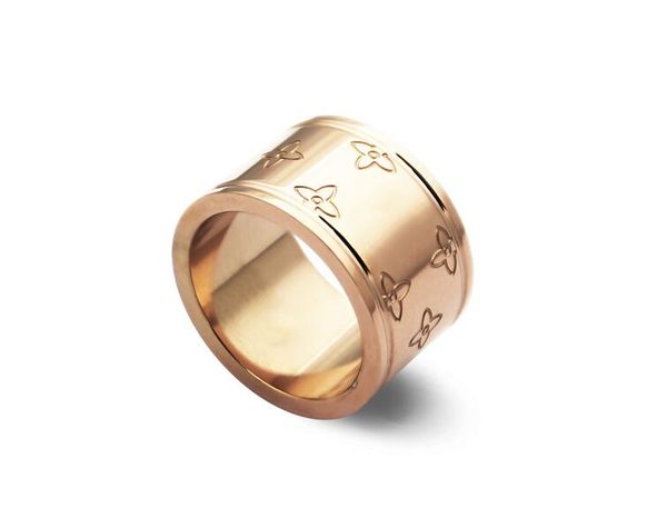 

titanium steel jewelry batch v letter engraved four-leaf flower wide-faced ring european and american couple men and women printing ring, Golden;silver