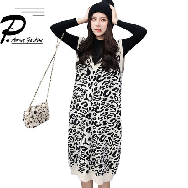

2018 new autumn winter loaded large size knitted sweater women thicken vest in the long section v-neck leopard sweater vest, Black;white