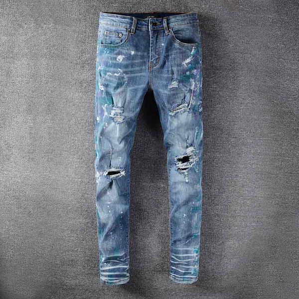 

2020am1r1 european and american high street fashion jeans blue patch ripped slim men's designer feet casual jeans 001