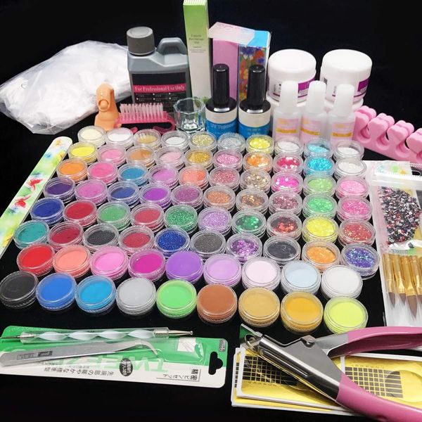 

78 color acrylic nail kit glitter powder mini-ball velvet stripeand 120ml acrylic liquid false nail tips art decoration too