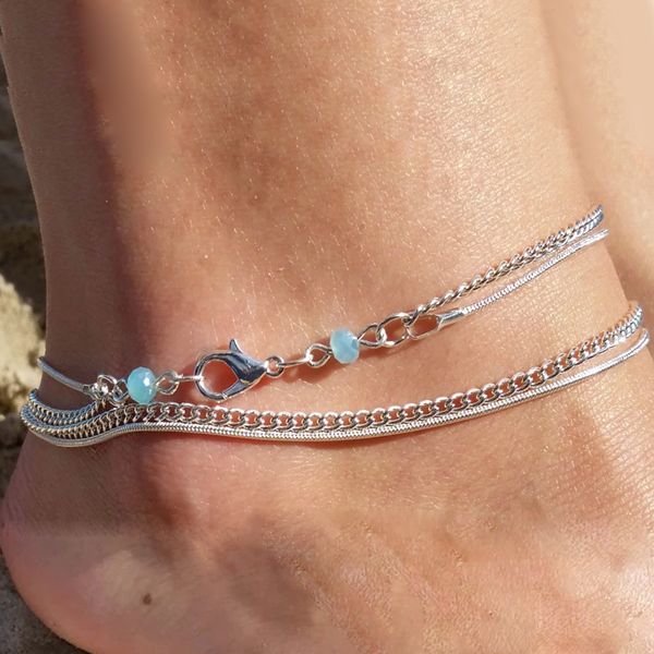 

europe and america foot ornaments new style versatile multilayer anklet foot ornaments simple silver snake chain jelly, Red;blue