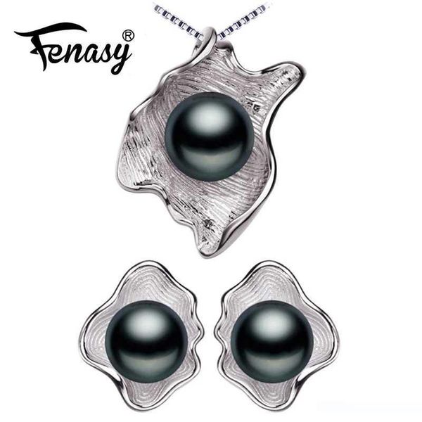 

fenasy pearl jewelry sets natural pearl pendant chain necklace 925 sterling silver stud earrings for women shell shape, Black