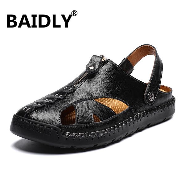 

new big size genuine leather cowhide men sandals summer quality beach slippers casual sneakers outdoor beach shoes, Black