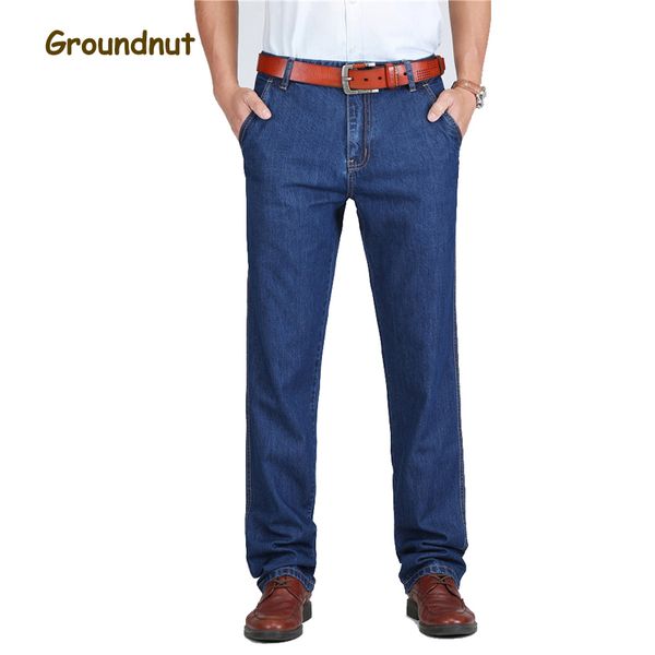 

groundnut brand 100% pure cotton business straight leg long jeans men summer designer clothes denim pants male casual trousers, Blue