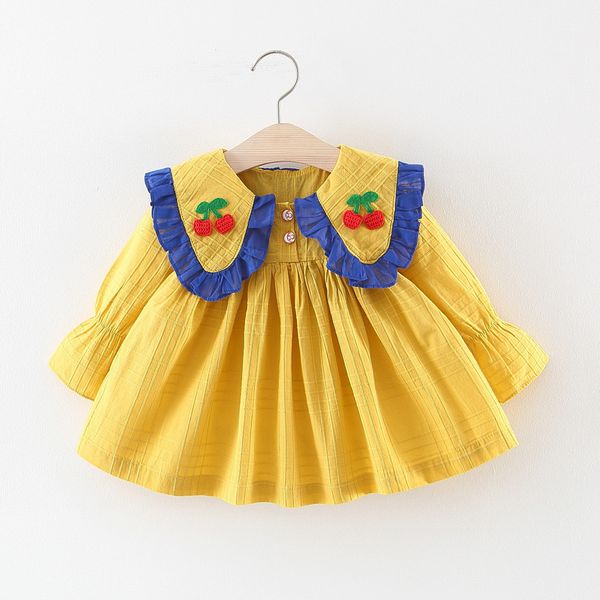

long sleeve baby girls dress toddler baby kids girls ruched cherry doll collar dresses casual clothes vestido infantil#p4, Red;yellow