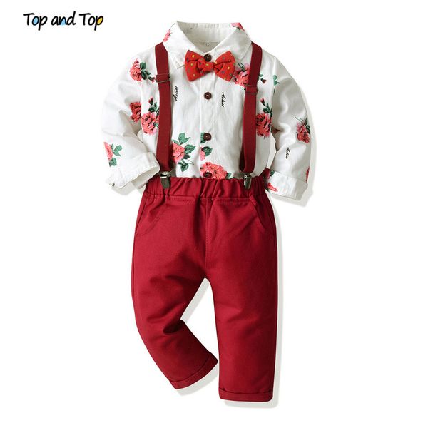 

and fashion kids boy casaul clothes sets long sleeve printed bowtie shirt+suspender pants baby gentleman suit bebes, White