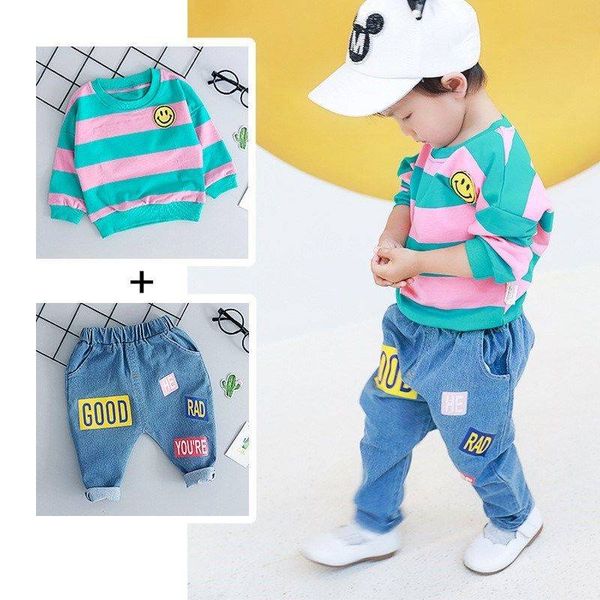 

children clothing 2019 autumn winter toddler boys clothes smile face rainbow outfit boys girls clothing set + jeans pant set, White