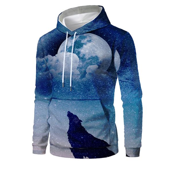 

mens designer moon wolf 3d digital printing sweater with hat, Black