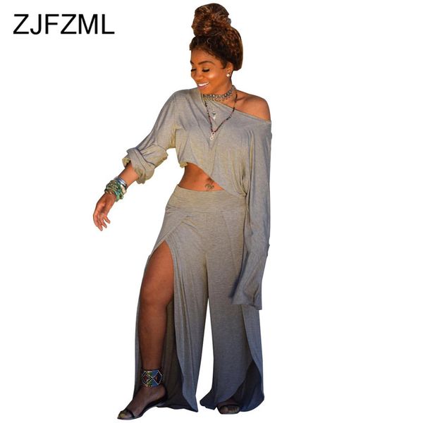 

casual 2 piece matching set women clothes one shoulder long sleeve crop high split wide leg pant tracksuit two piece outfit, White