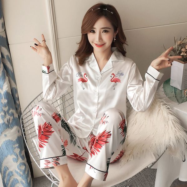 

autumn women ladies satin silk pajamas sets long sleeve +pants sleepwear mujer cartoon nightwear pyjama female, Black;red