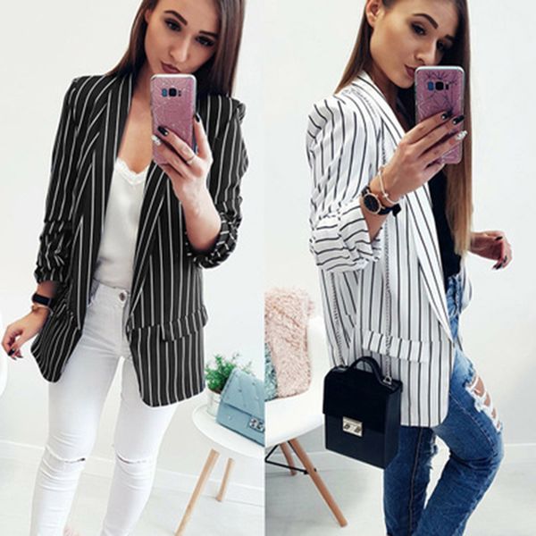 

spring 2019 women fashion open long sleeve suit black white striped formal outwear fashion casual thin slim striped blazers, White;black