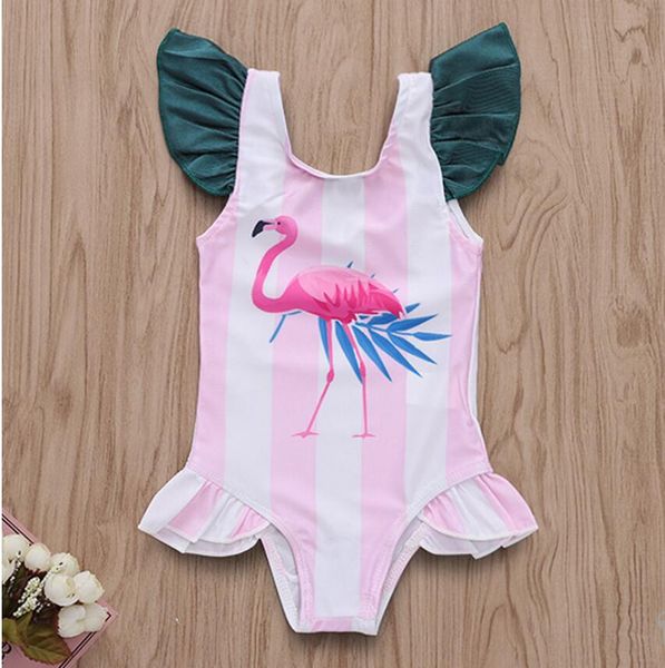 

baby sleeveless flamingo print swimwear girl summer pink and white strip swimsuit kids swimming clothes zht 182, Black