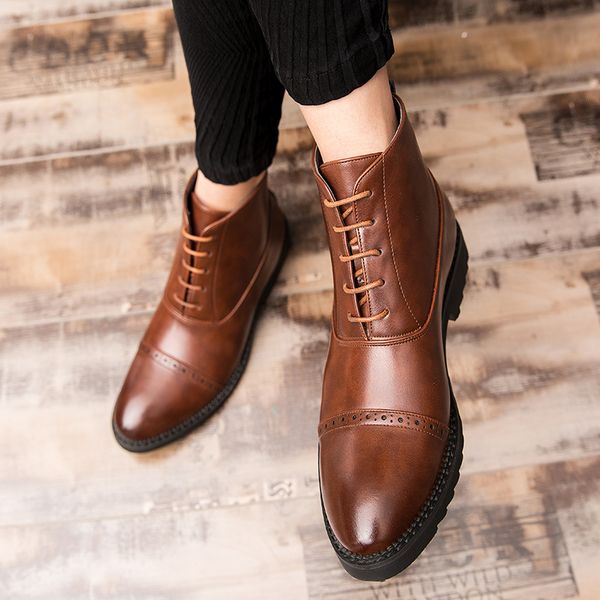 

leather casual shoes high mens martin boots england style solid boots oxfords lace up outdoor men's ankle boots shoes, Black