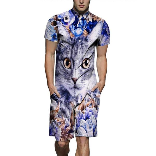 

mens 3d cat designer suits one piece shirts shorts 2pcs clothing sets short sleeved, Gray