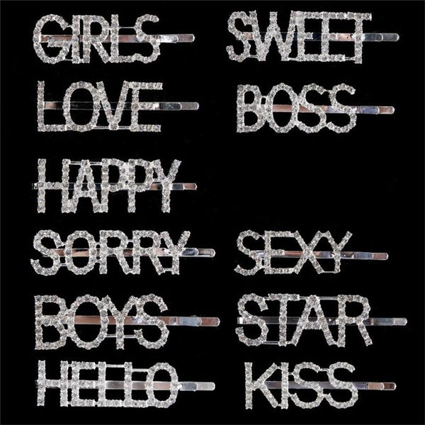 

11 colors clips женщины девушки заколками для волос bling кристалла алмаза английский алфавит поцелуй boss серебрение шпилька барретт взрыва, Slivery;white