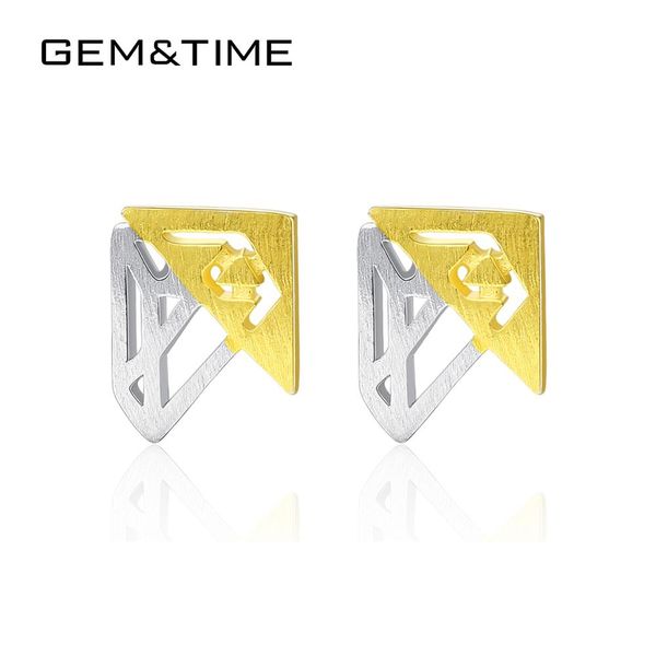 

gem&time pure sterling silver 925 geometric stud earrings for women triangle fine jewelry silver boucle d'oreille femme se0397, Golden;silver