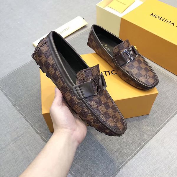 

men dress flats shoes genuine leather loafers printing leather grid style metal button shoes business party square pattern shoes, Black