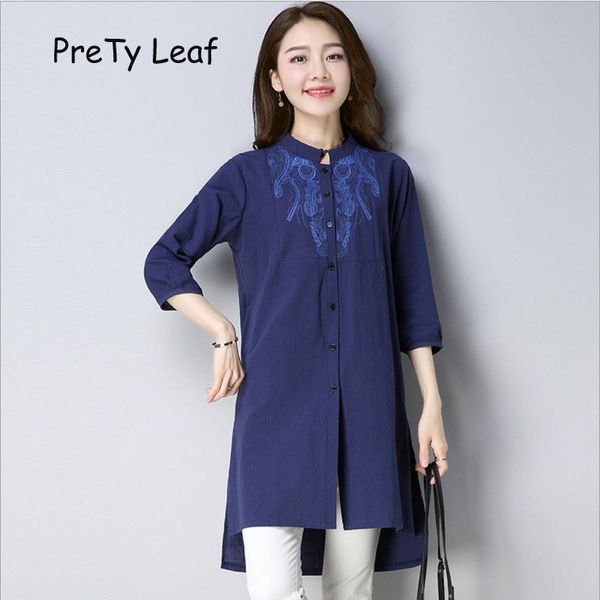 

2019 spring stand collar vintage embroidered cotton shirt, White