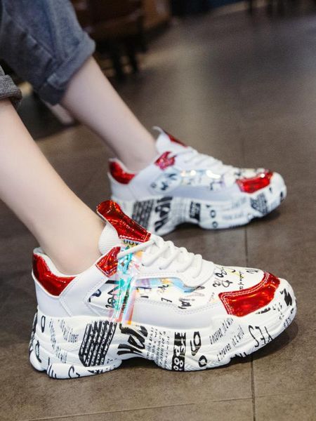 

autumn and winter 2020 net red graffiti sneakers women's trend new style breathable net face muffin thick bottom casual shoes, Black