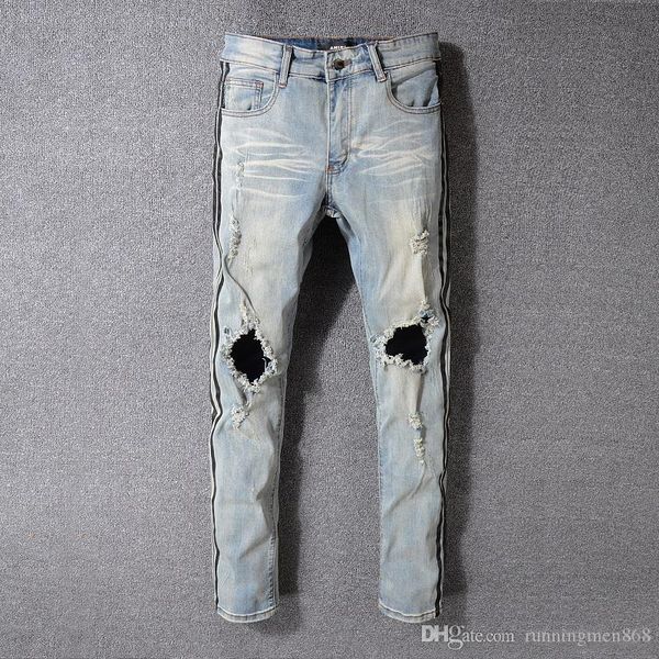 

конструктор мужского твердый классический стиль прямой джинсовые мотоцикл байкер джинсы мытый дизайн casua lslim лето тощий рваного высокого, Blue