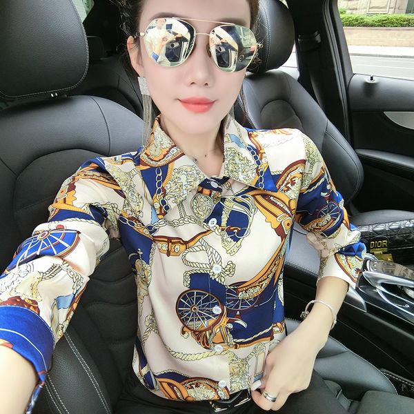 

selling classic casual shirts plus size women long sleeve lapel neck printed ladies designer blouse runway office button shirt, White