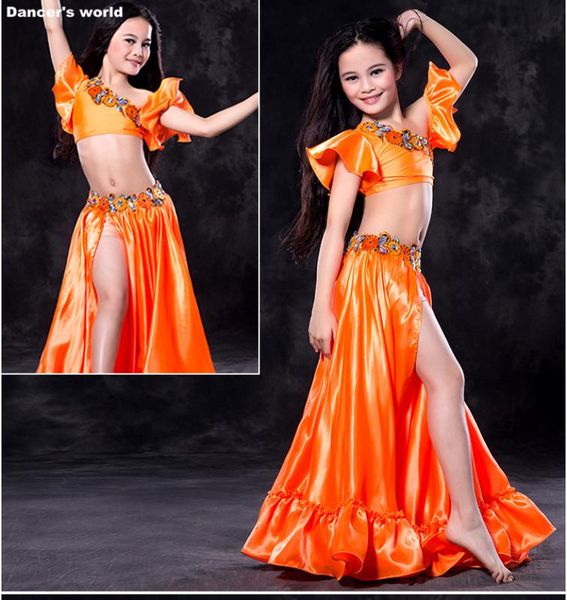 

kids belly dance clothes girls performance belly dancing clothing luxury sleeves satin skirt 2pcs child dance suit, Black;red