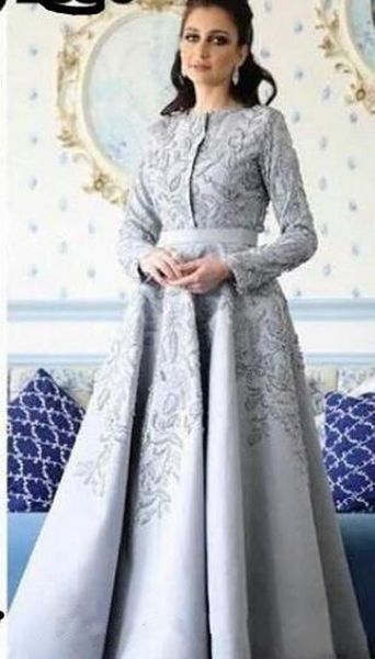 

2019 new blingbling evening dresses a line long sleeves crew neckline beaded lace appliqued floor length prom gowns with waist ribbon, Black;red