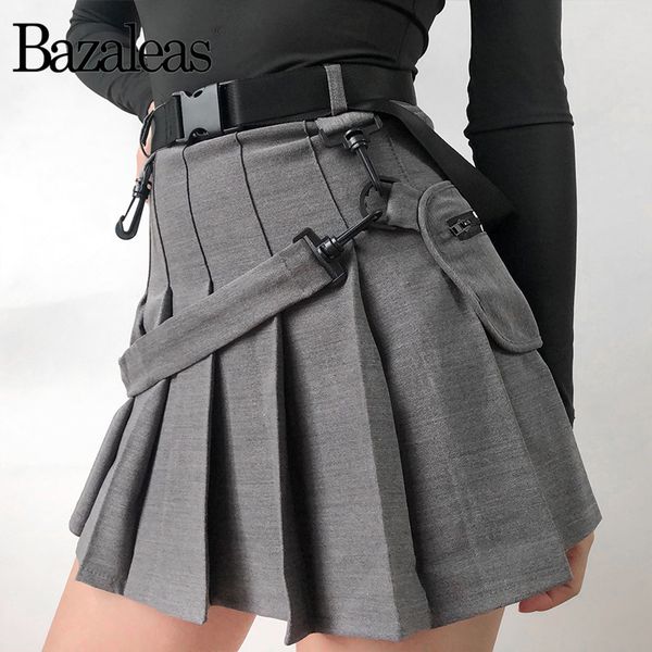 

bazaleas 2020 grey sashes fashion pleated skirts punk mini skirt vintage women skirts harajuku short skirts casual, Black;gray