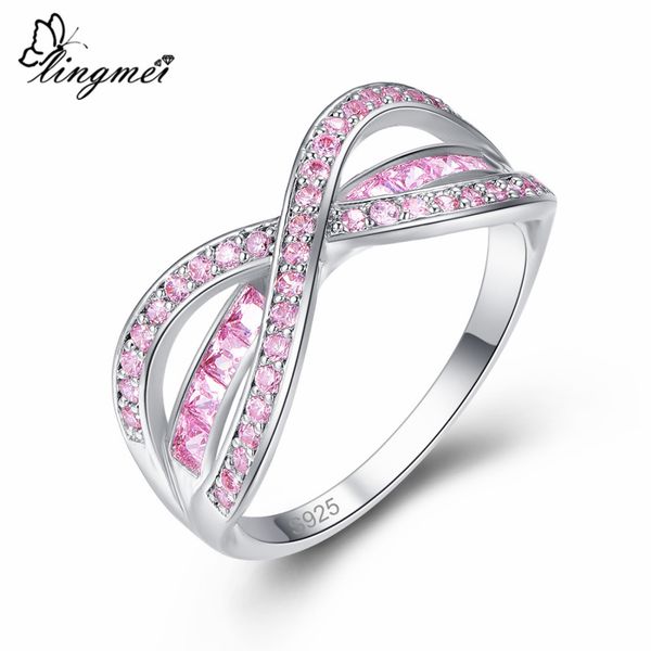 

lingmei wedding band cross fashion round cut pink & red zircon silver 925 ring size 6 7 8 9 for jewelry gifts elegant ring