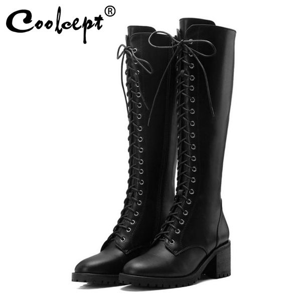 

coolcept casual ladies genuine leather genimotorcycle boots daily straight boots platform high heels shoes woman size 34-40, Black