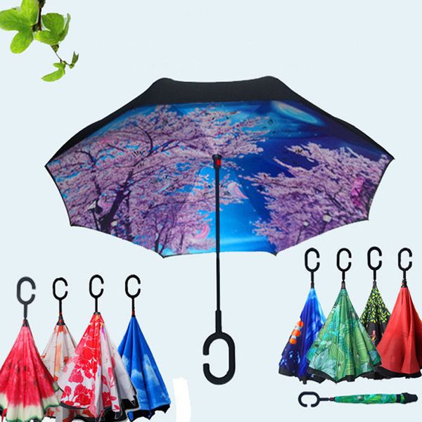 

windproof sun protection portable umbrella waterproof reverse folding umbrella creative foldable c-type custom logo umbrella dh0621